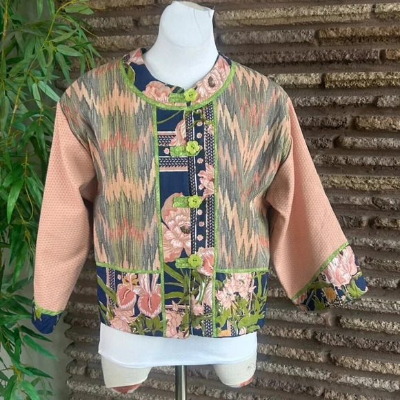 Handmade Patchwork Tapestry Jacket Green Floral Buttons Reversible Possibly - Picture 2 of 9